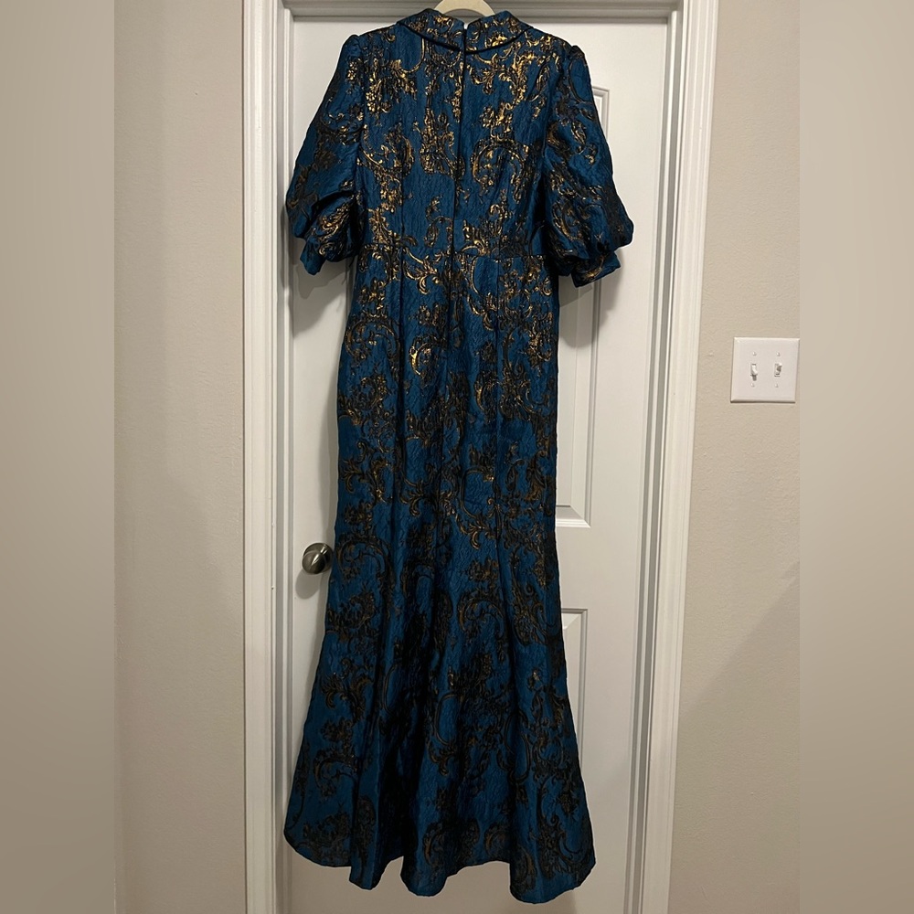 Badgley Mischka Metallic Brocade Jacquard Maxi Dress Blue Gold Puff Sleeve Dress - Picture 4 of 14